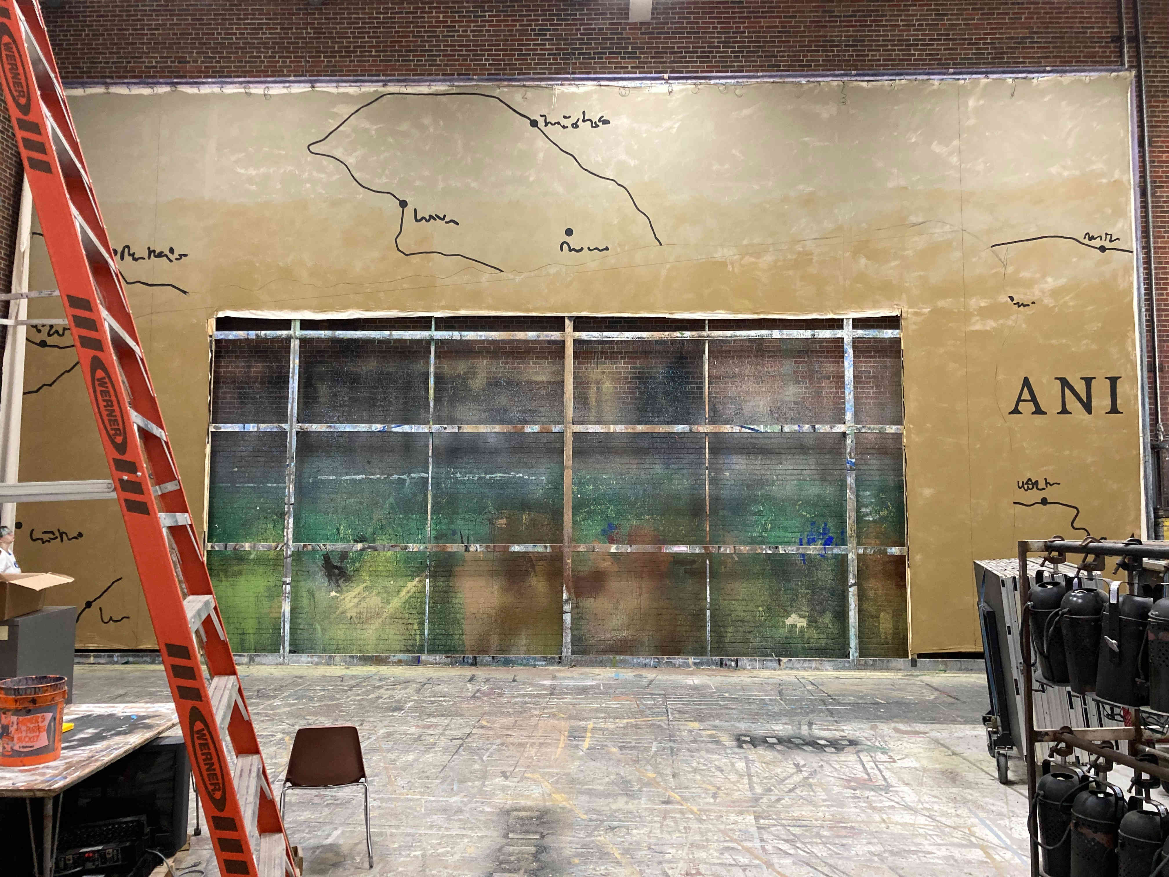 In-house muslin drop painted like a map