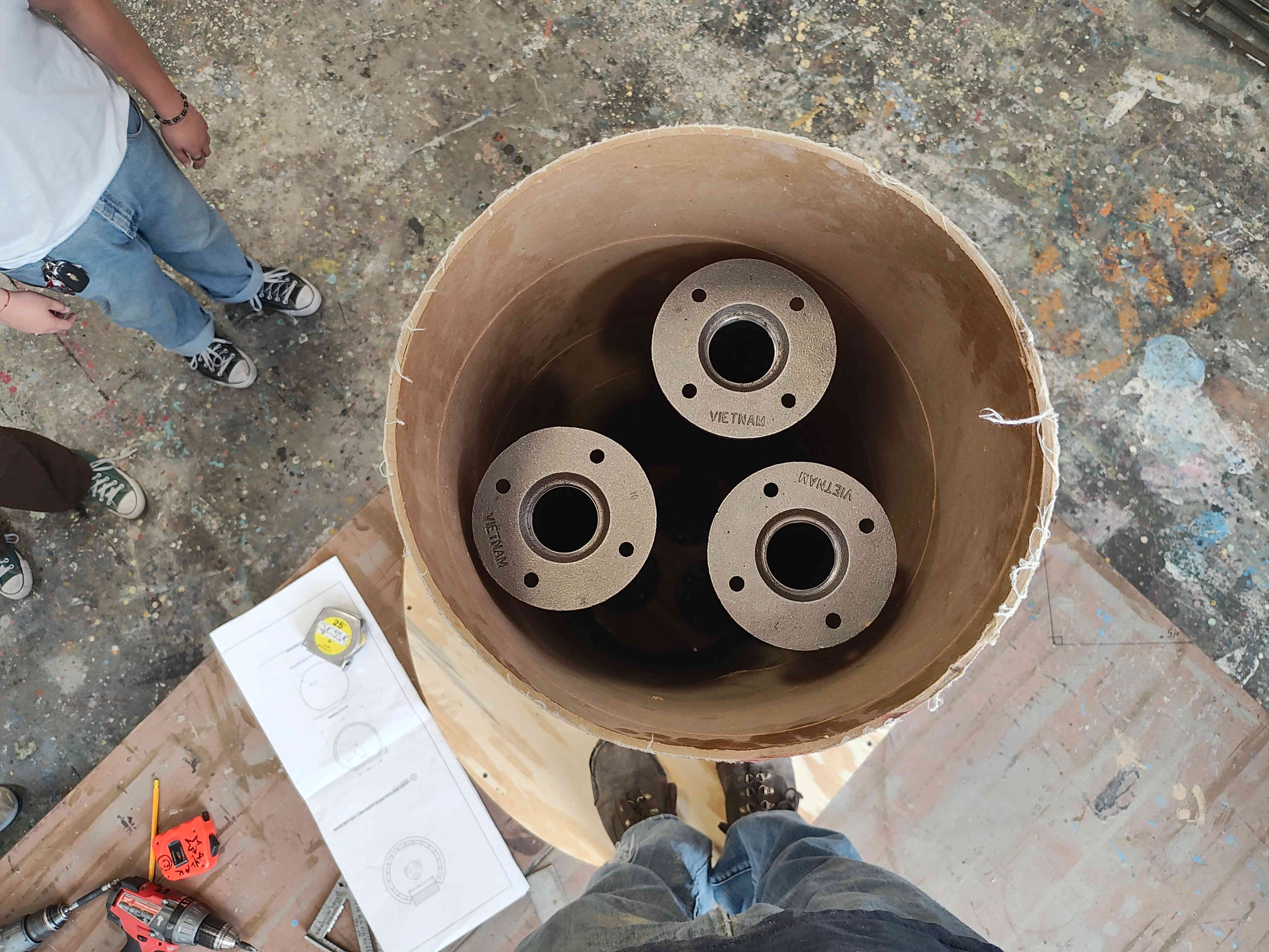 Three pipes inside sonotube for the base of the crow's nest