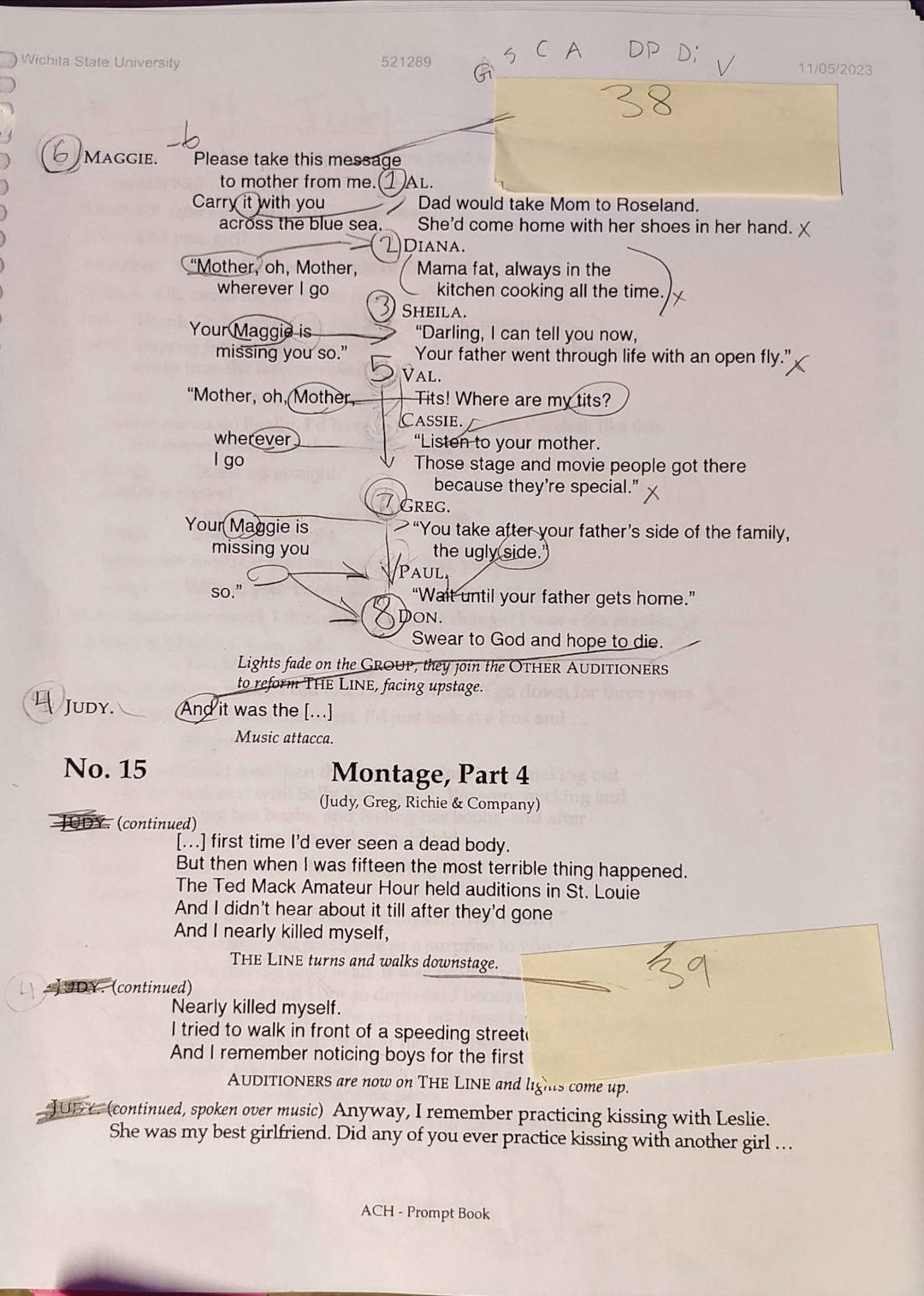 Page 37 of my script, with several scene changes and many overlapping lines.