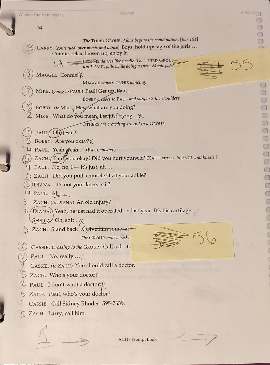 Page 67 of A Chorus Line with my markings, including two scene changes denoted with sticky notes and numbers next to every new line to tell me which fader to throw.